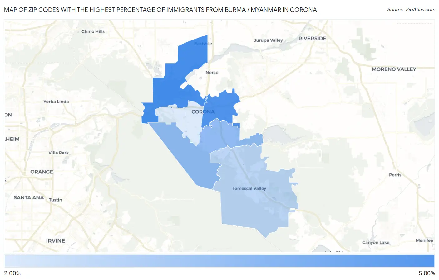 Zip Codes with the Highest Percentage of Immigrants from Burma / Myanmar in Corona Map