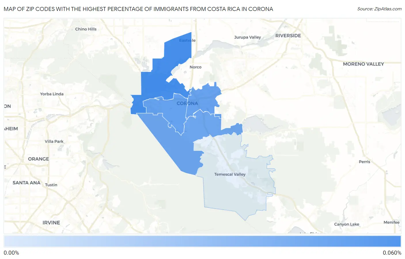 Zip Codes with the Highest Percentage of Immigrants from Costa Rica in Corona Map