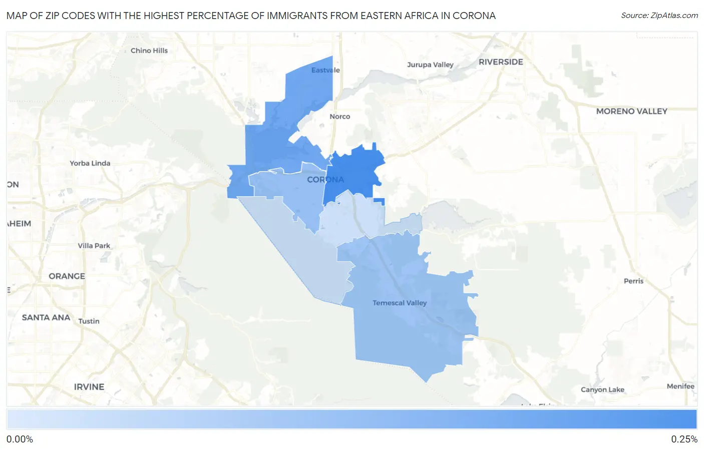 Zip Codes with the Highest Percentage of Immigrants from Eastern Africa in Corona Map