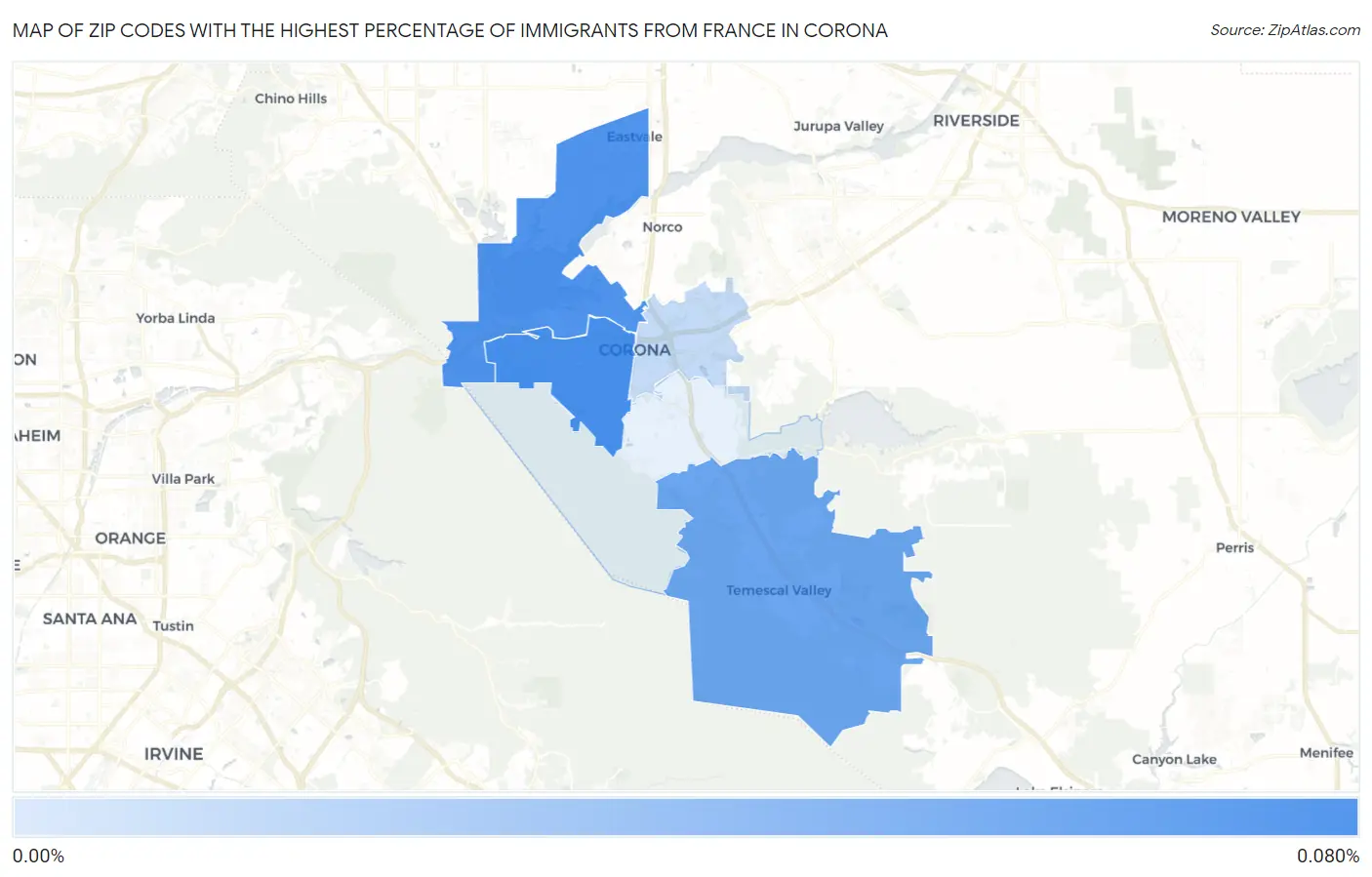 Zip Codes with the Highest Percentage of Immigrants from France in Corona Map