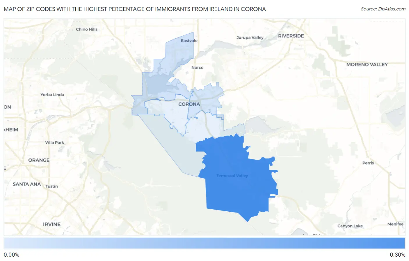 Zip Codes with the Highest Percentage of Immigrants from Ireland in Corona Map