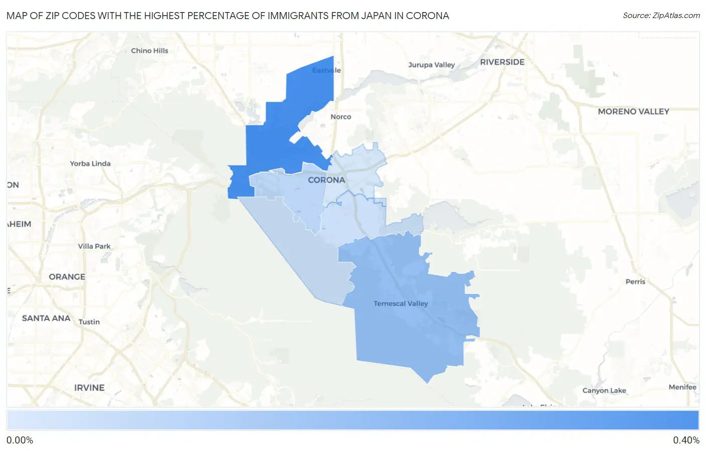 Zip Codes with the Highest Percentage of Immigrants from Japan in Corona Map