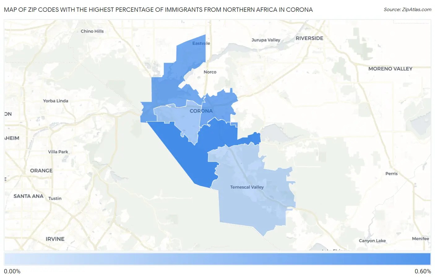 Zip Codes with the Highest Percentage of Immigrants from Northern Africa in Corona Map