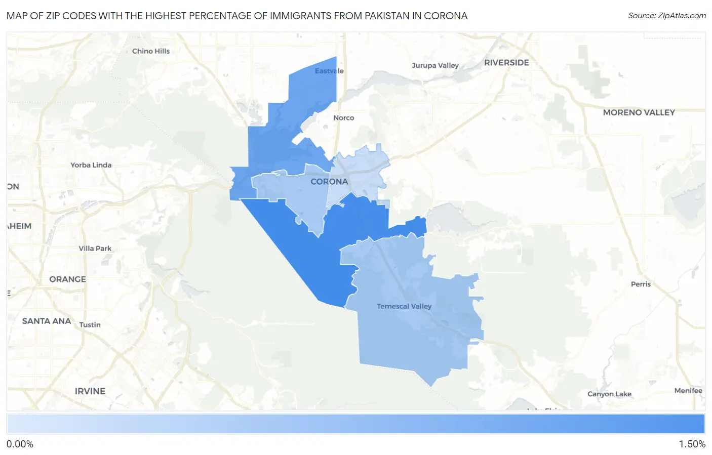 Zip Codes with the Highest Percentage of Immigrants from Pakistan in Corona Map