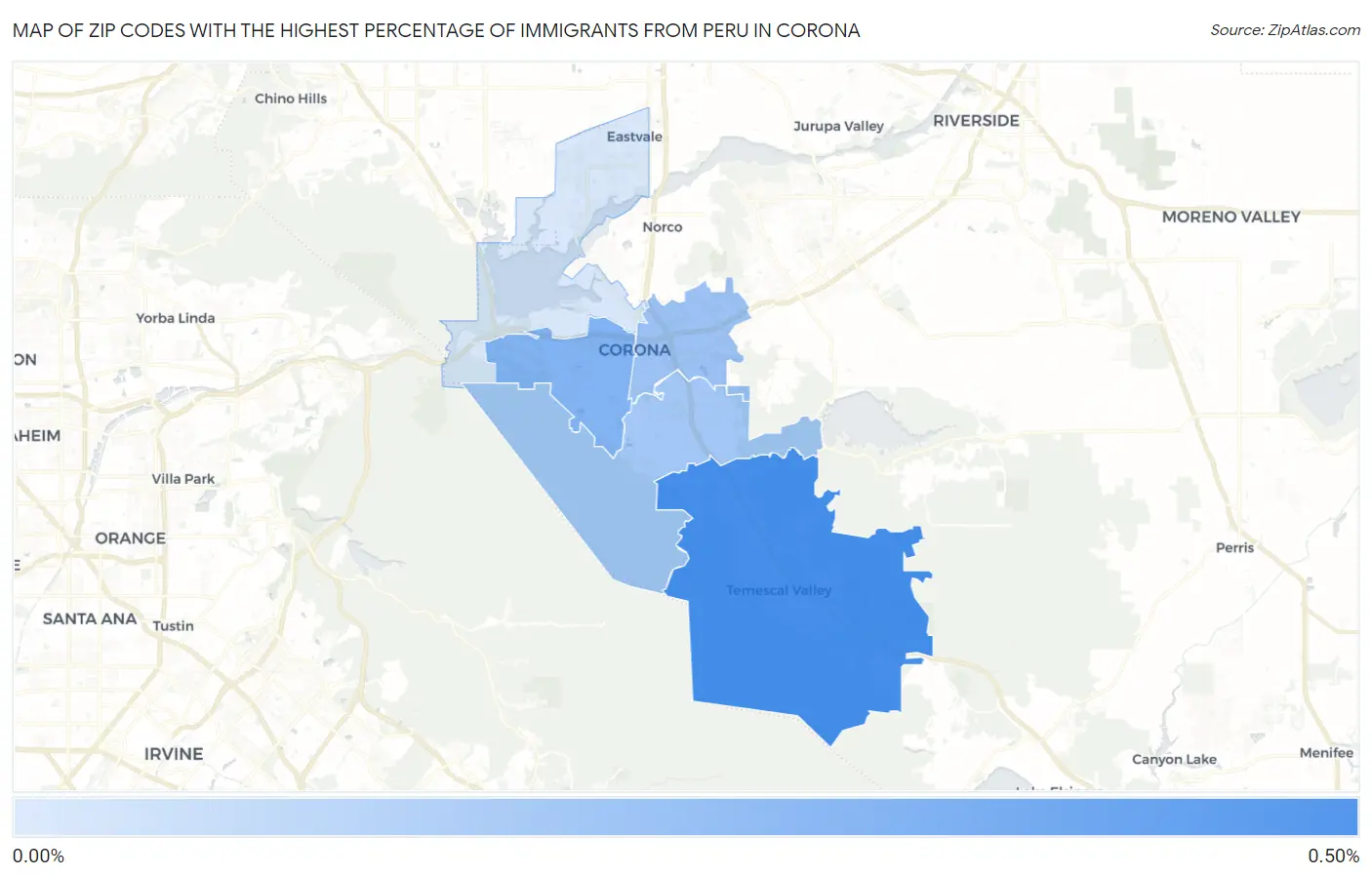 Zip Codes with the Highest Percentage of Immigrants from Peru in Corona Map