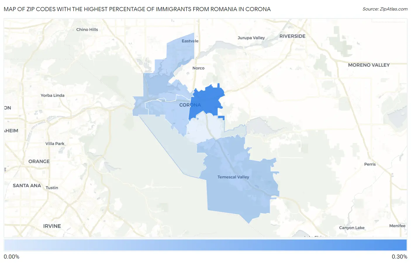 Zip Codes with the Highest Percentage of Immigrants from Romania in Corona Map