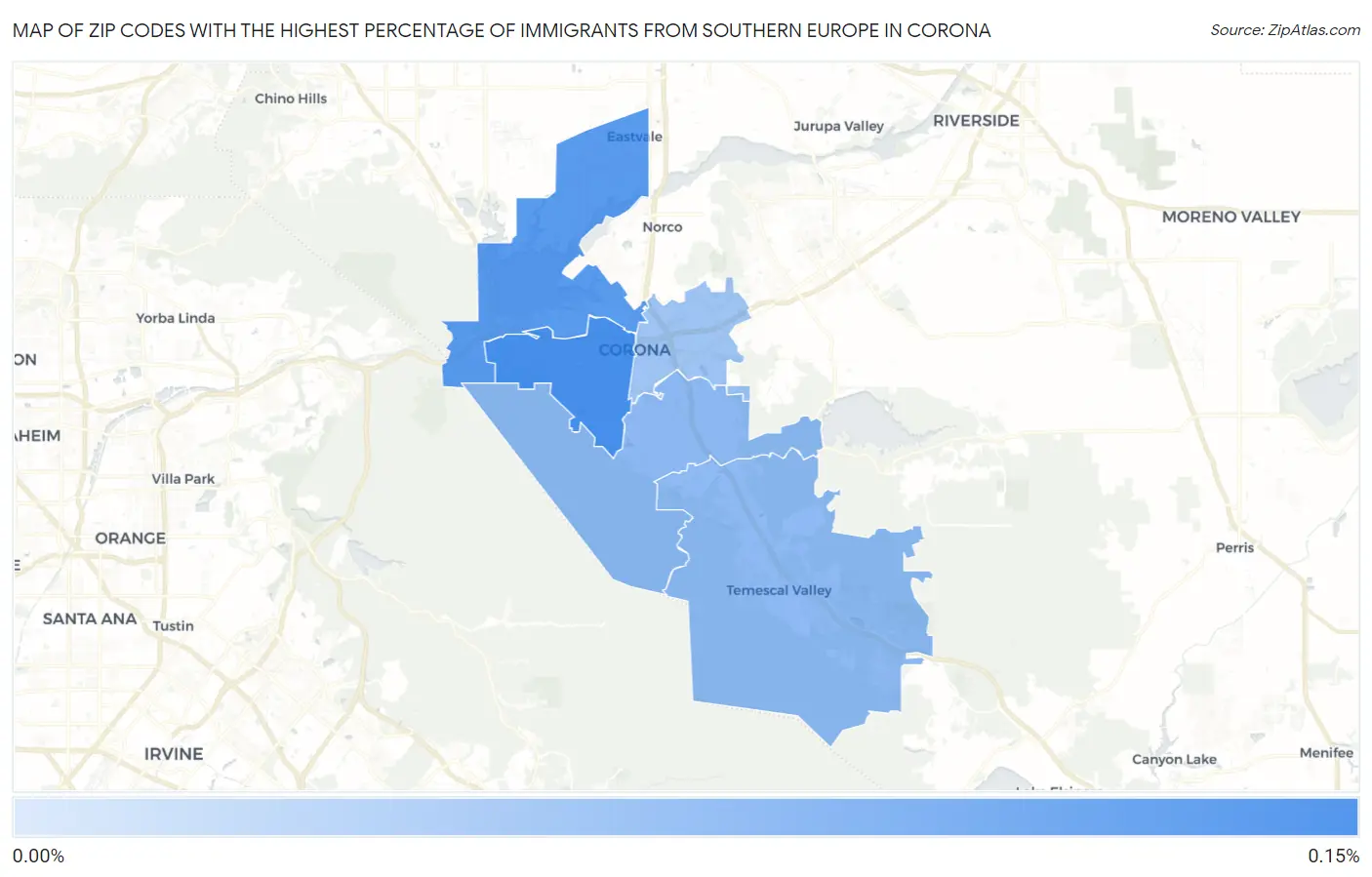 Zip Codes with the Highest Percentage of Immigrants from Southern Europe in Corona Map