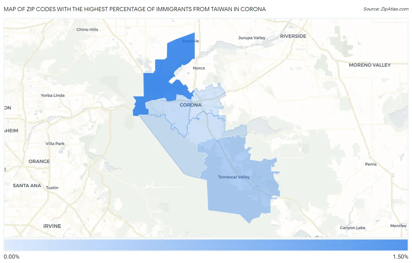Zip Codes with the Highest Percentage of Immigrants from Taiwan in Corona Map