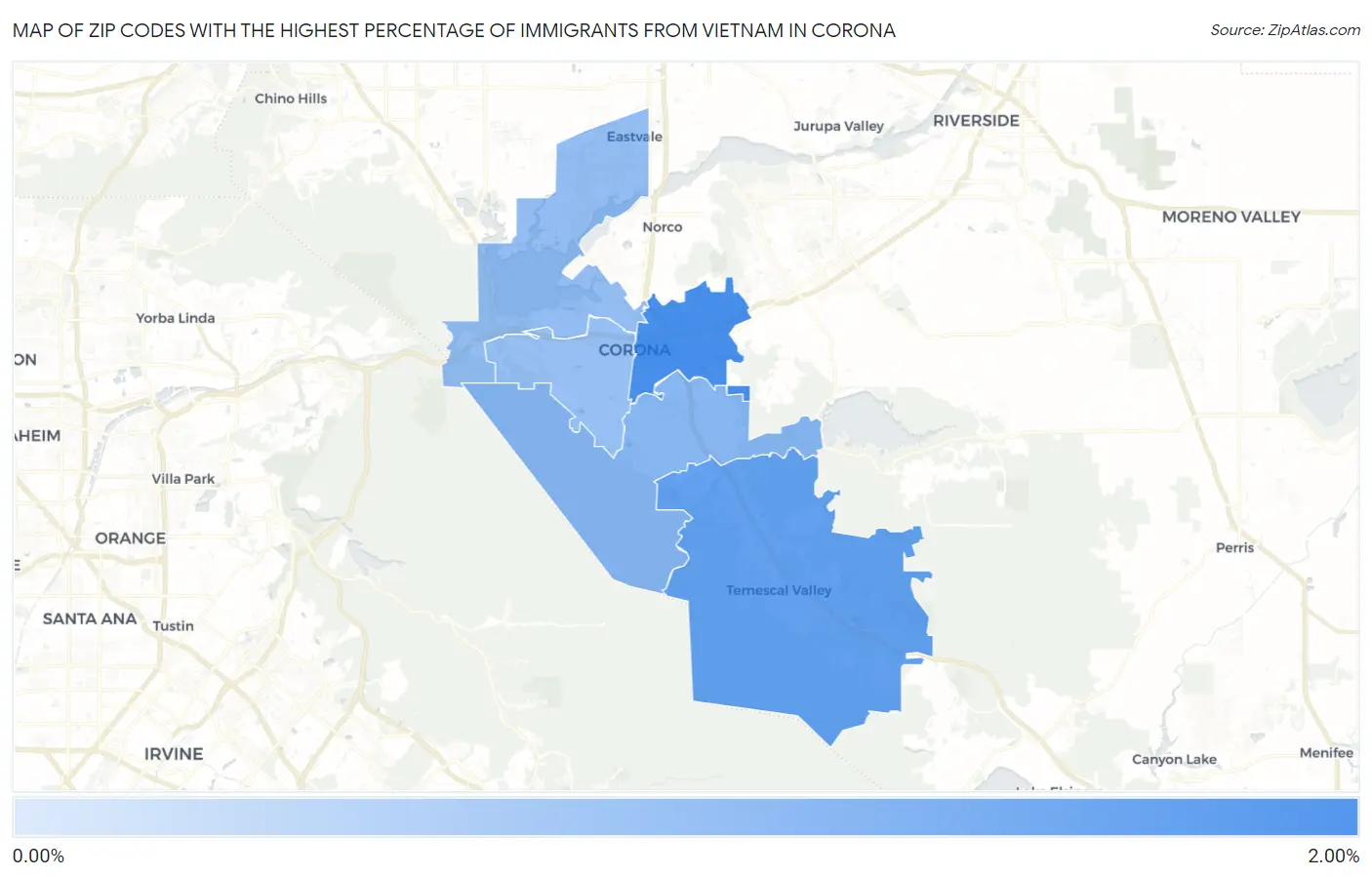 Zip Codes with the Highest Percentage of Immigrants from Vietnam in Corona Map