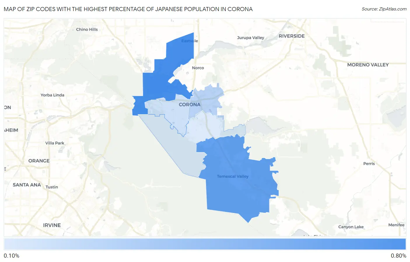 Zip Codes with the Highest Percentage of Japanese Population in Corona Map