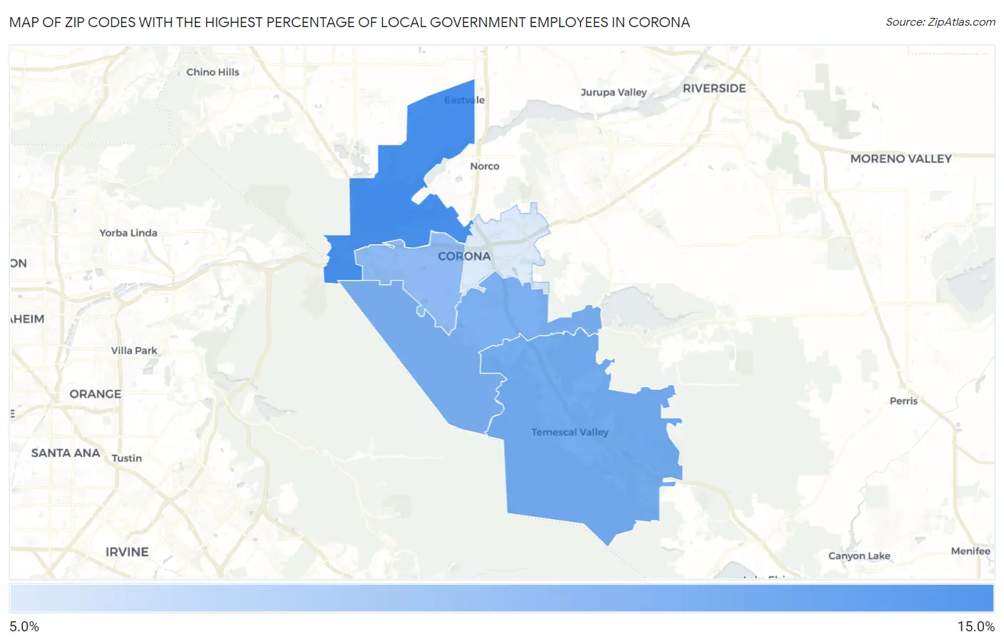 Zip Codes with the Highest Percentage of Local Government Employees in Corona Map