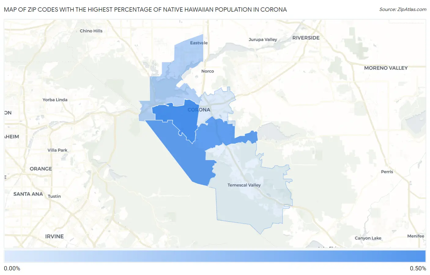 Zip Codes with the Highest Percentage of Native Hawaiian Population in Corona Map