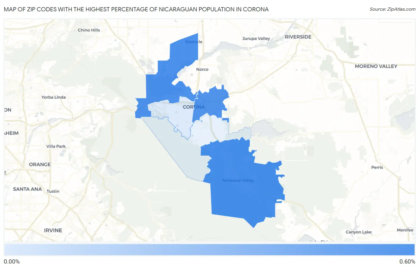 Zip Codes with the Highest Percentage of Nicaraguan Population in Corona Map