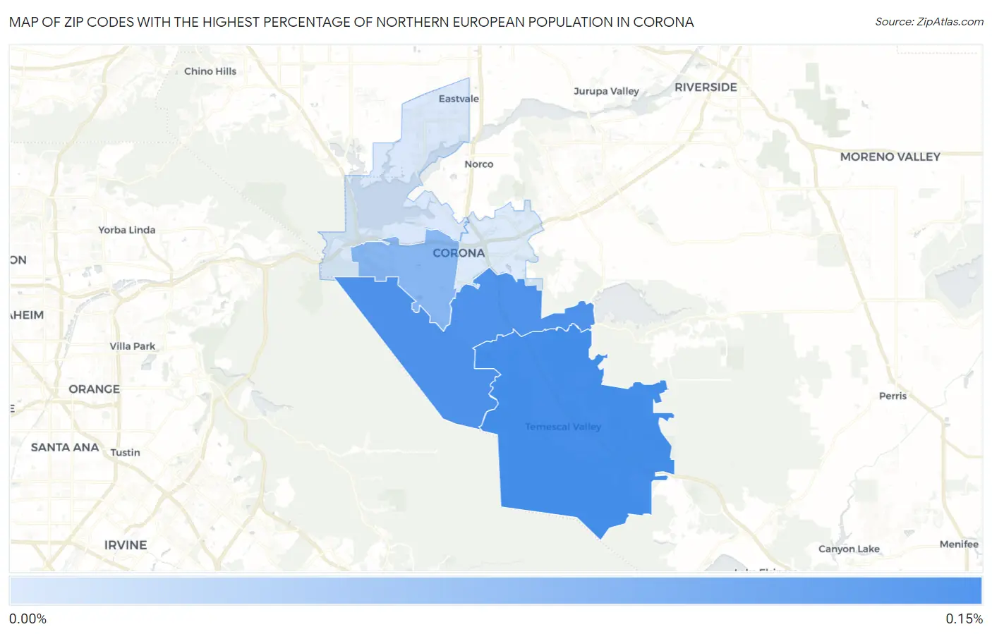 Zip Codes with the Highest Percentage of Northern European Population in Corona Map