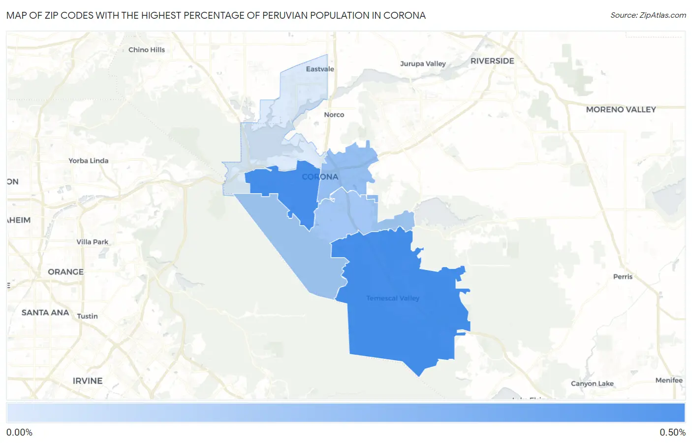 Zip Codes with the Highest Percentage of Peruvian Population in Corona Map