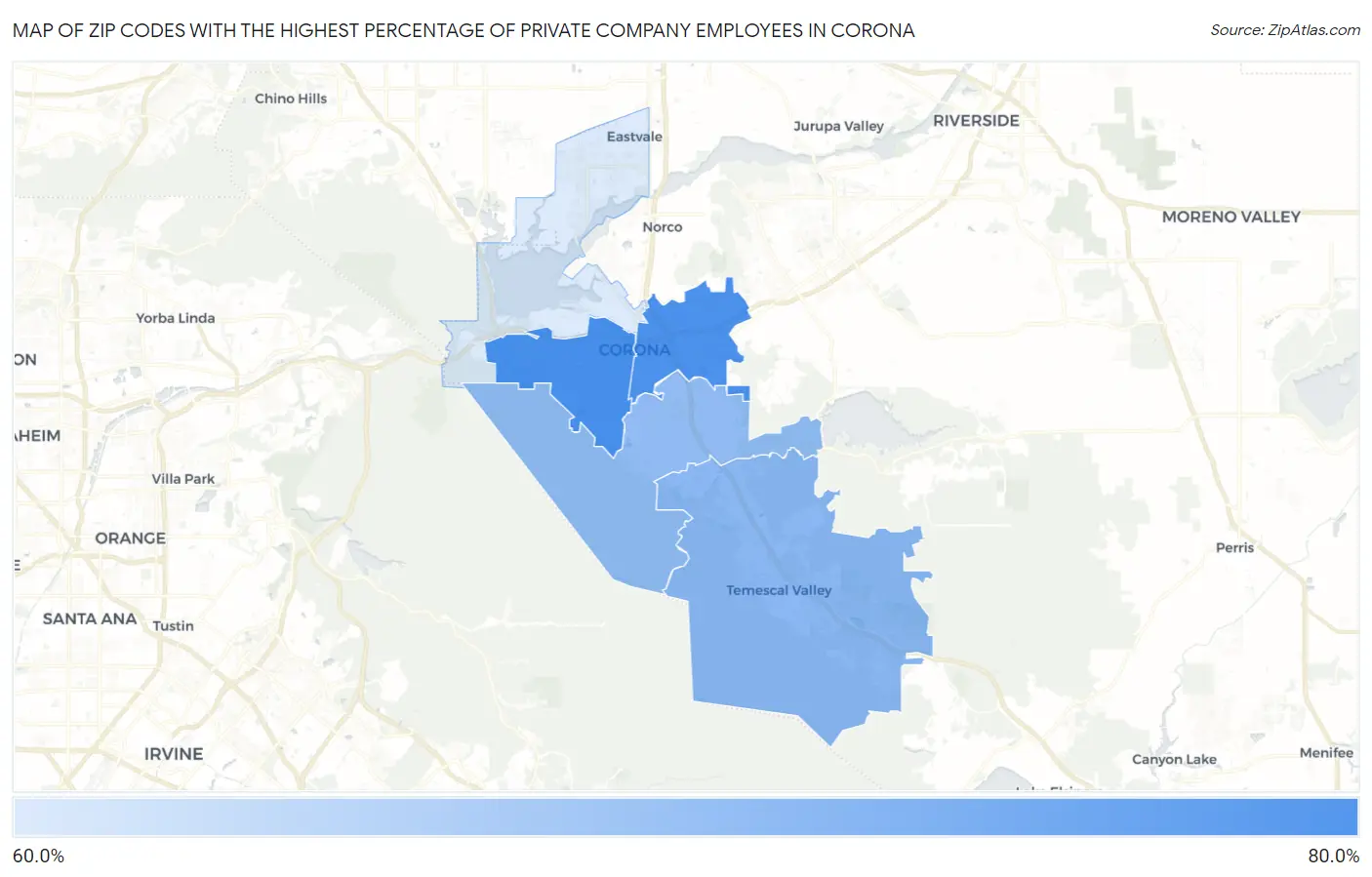 Zip Codes with the Highest Percentage of Private Company Employees in Corona Map