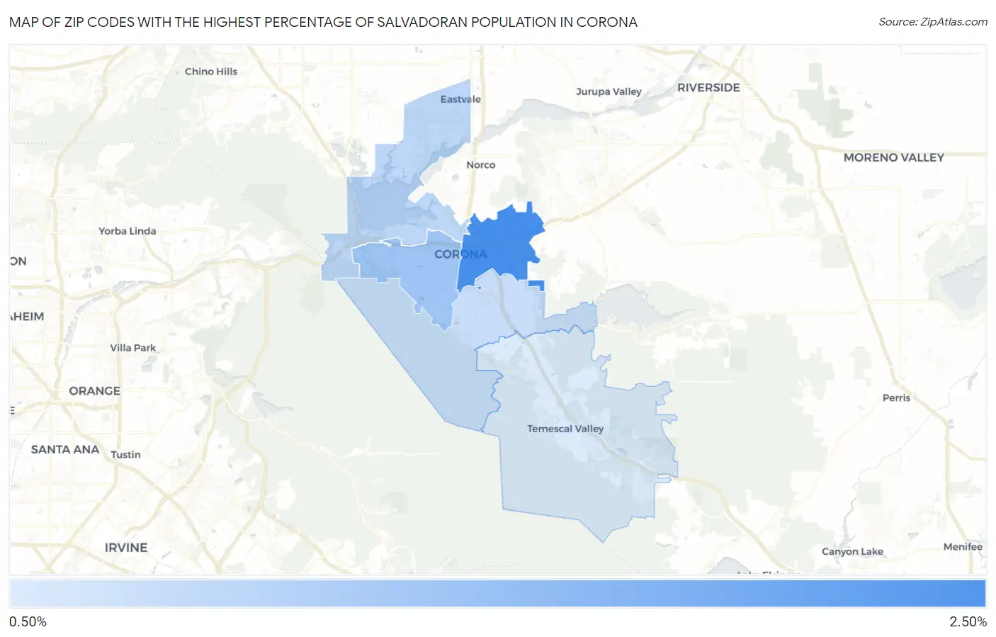 Zip Codes with the Highest Percentage of Salvadoran Population in Corona Map