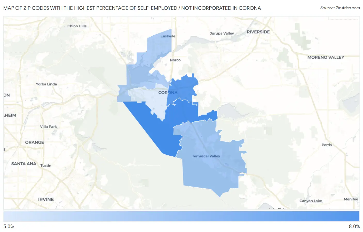 Zip Codes with the Highest Percentage of Self-Employed / Not Incorporated in Corona Map