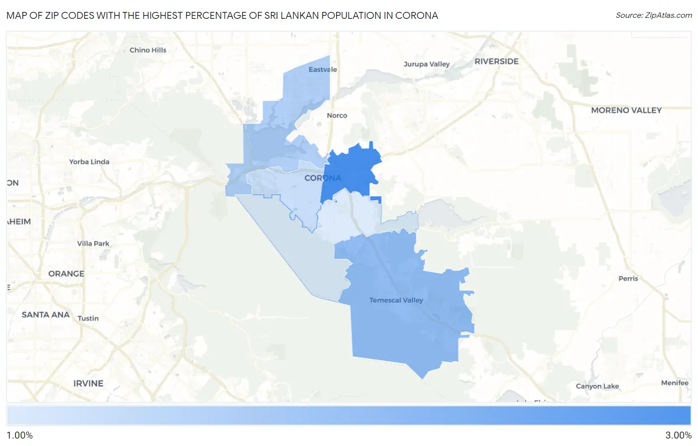Zip Codes with the Highest Percentage of Sri Lankan Population in Corona Map