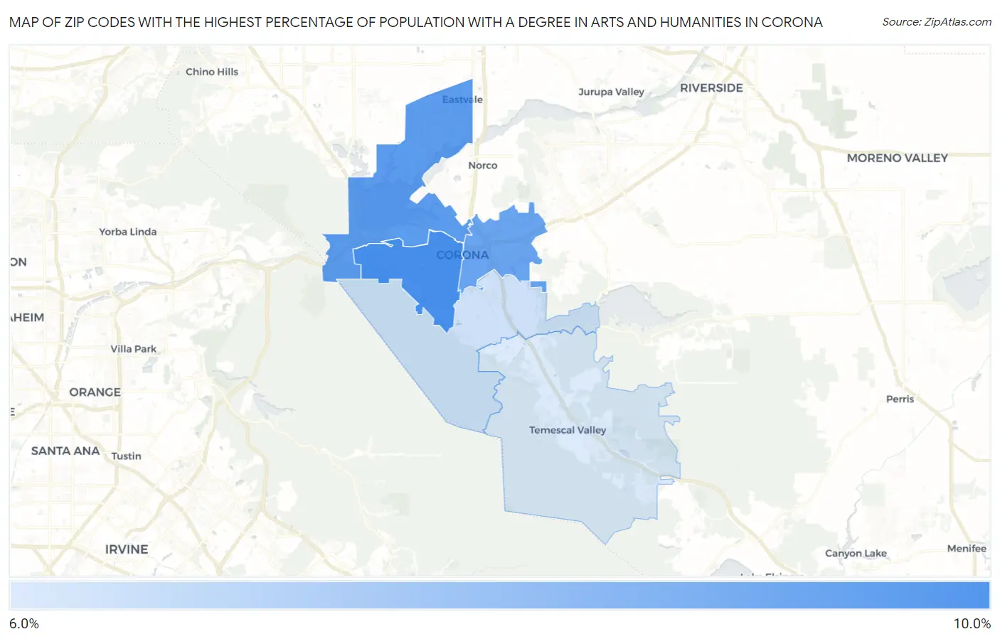 Zip Codes with the Highest Percentage of Population with a Degree in Arts and Humanities in Corona Map