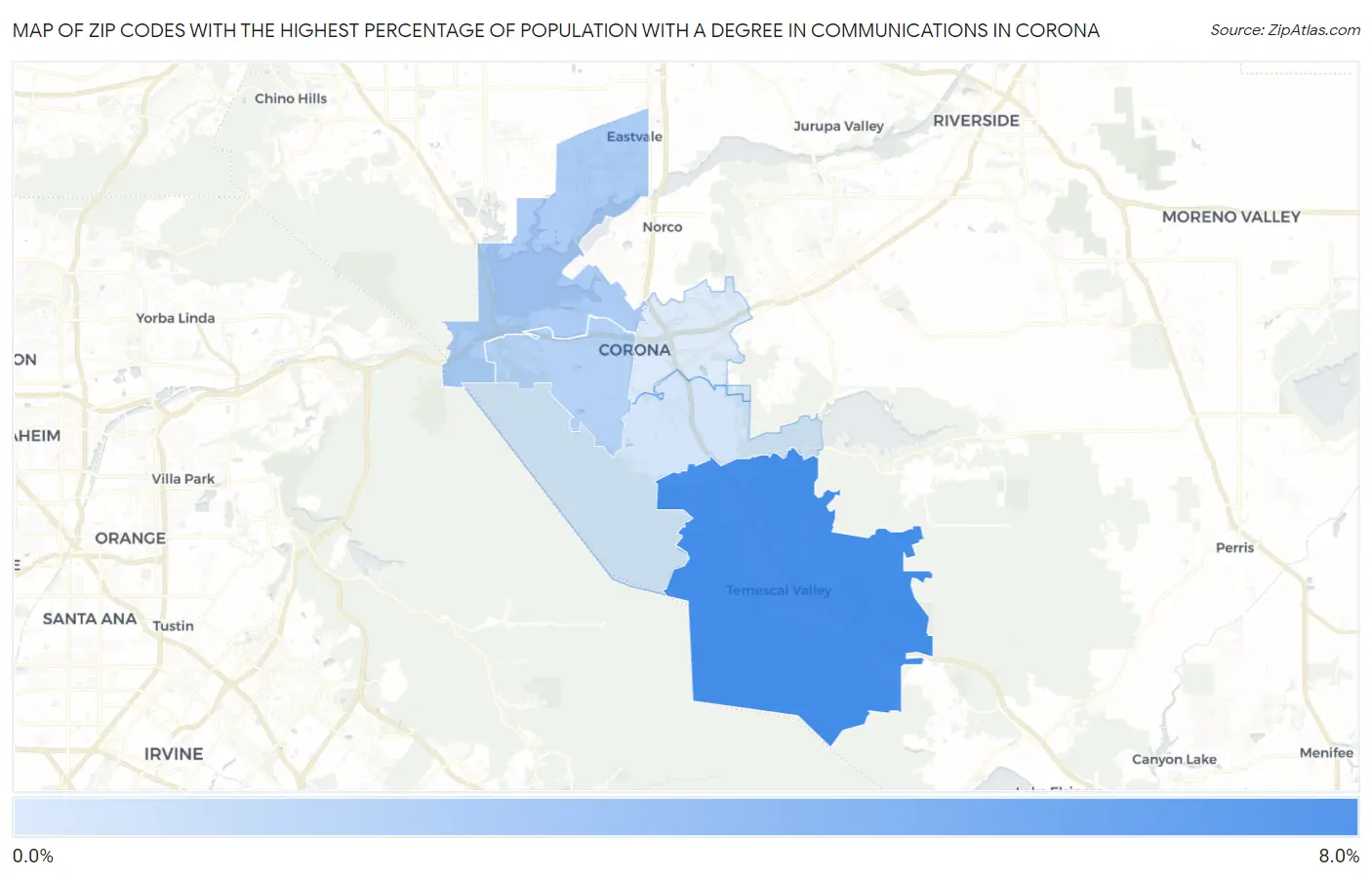 Zip Codes with the Highest Percentage of Population with a Degree in Communications in Corona Map