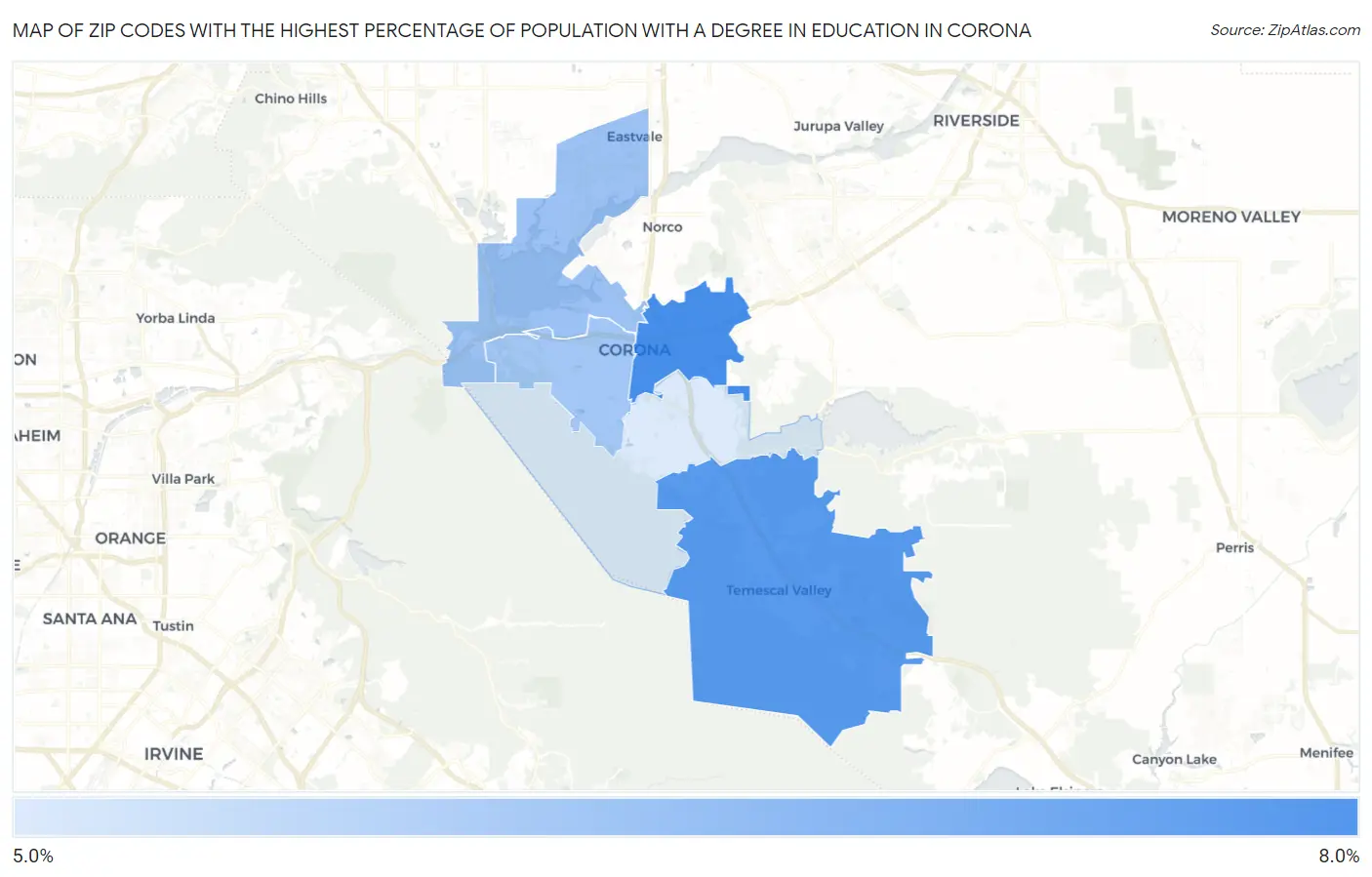 Zip Codes with the Highest Percentage of Population with a Degree in Education in Corona Map