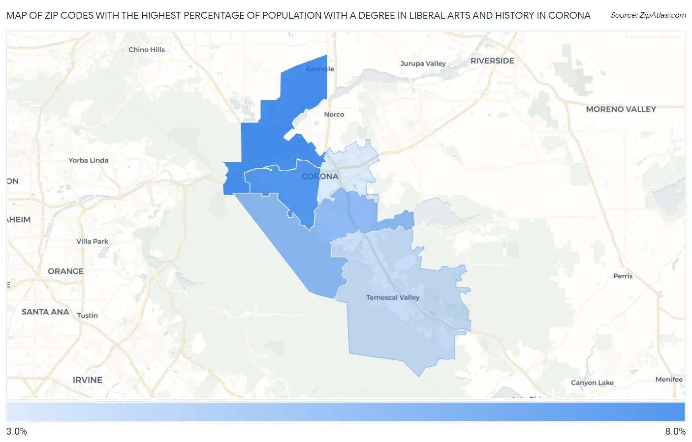 Zip Codes with the Highest Percentage of Population with a Degree in Liberal Arts and History in Corona Map