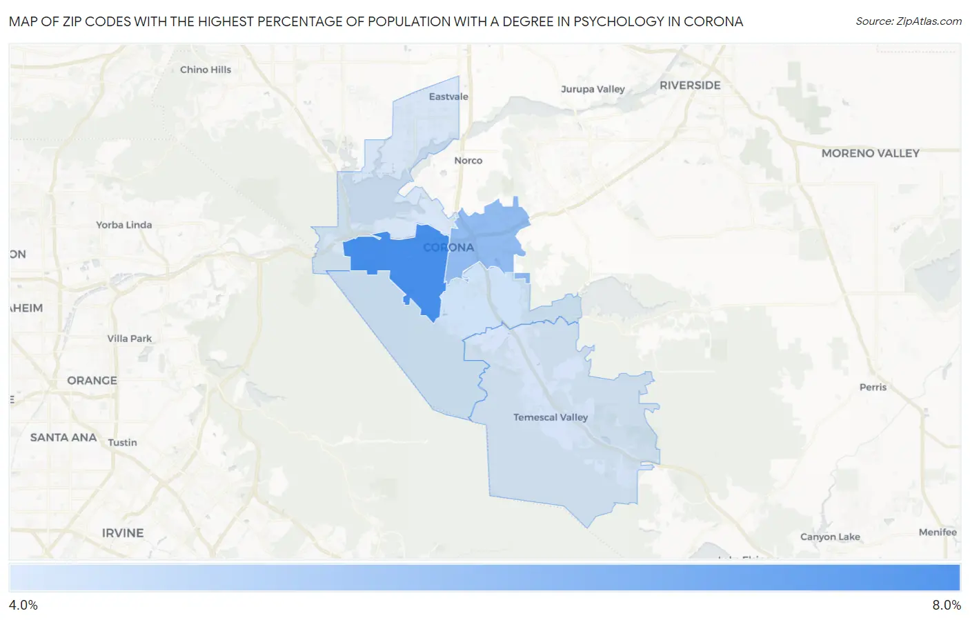 Zip Codes with the Highest Percentage of Population with a Degree in Psychology in Corona Map