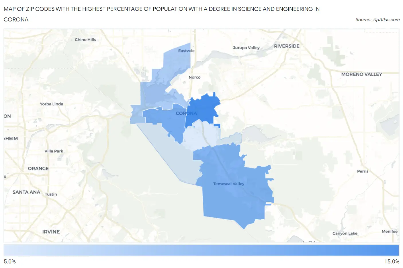 Zip Codes with the Highest Percentage of Population with a Degree in Science and Engineering in Corona Map