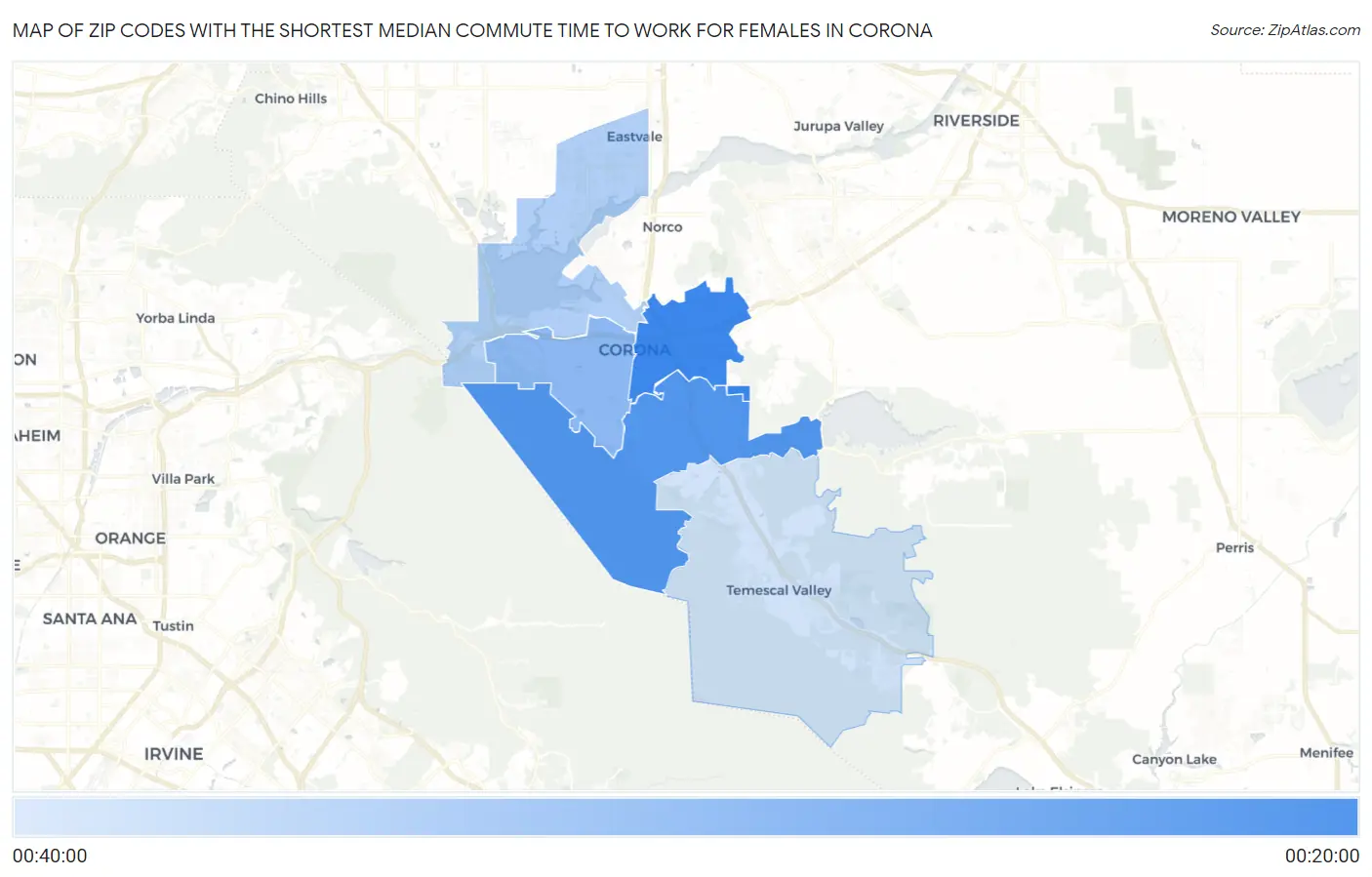 Zip Codes with the Shortest Median Commute Time to Work for Females in Corona Map