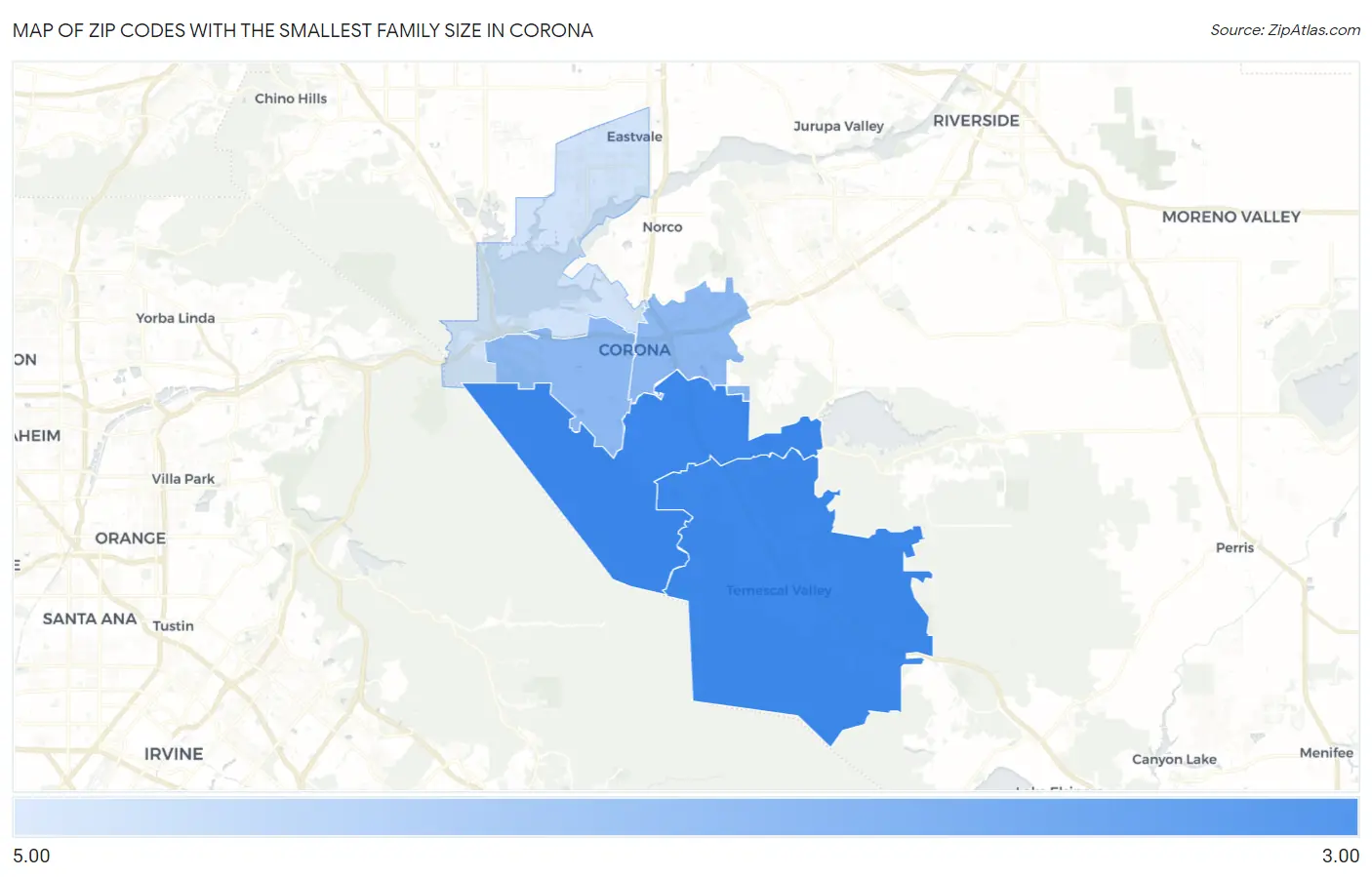 Zip Codes with the Smallest Family Size in Corona Map