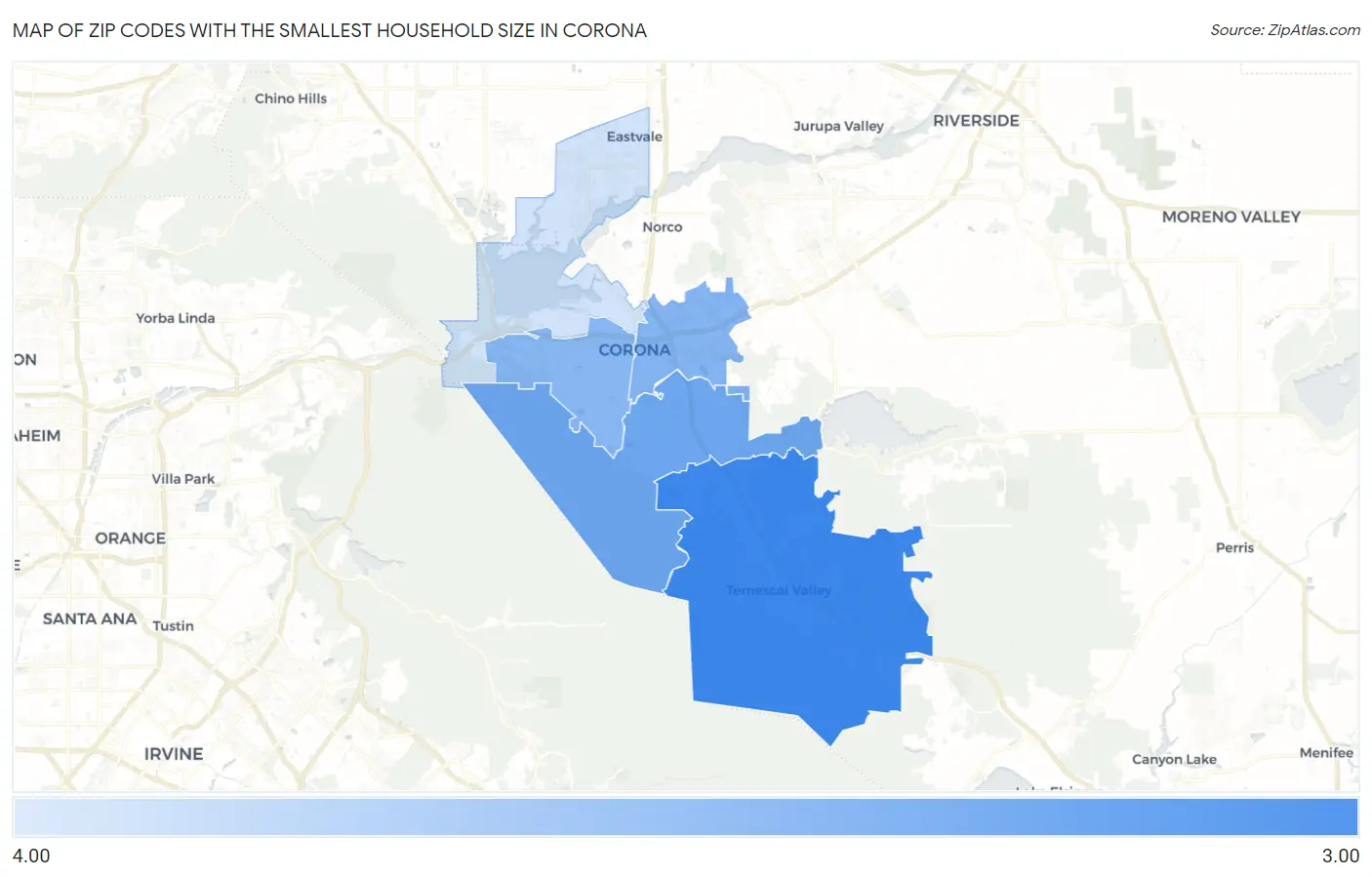 Zip Codes with the Smallest Household Size in Corona Map