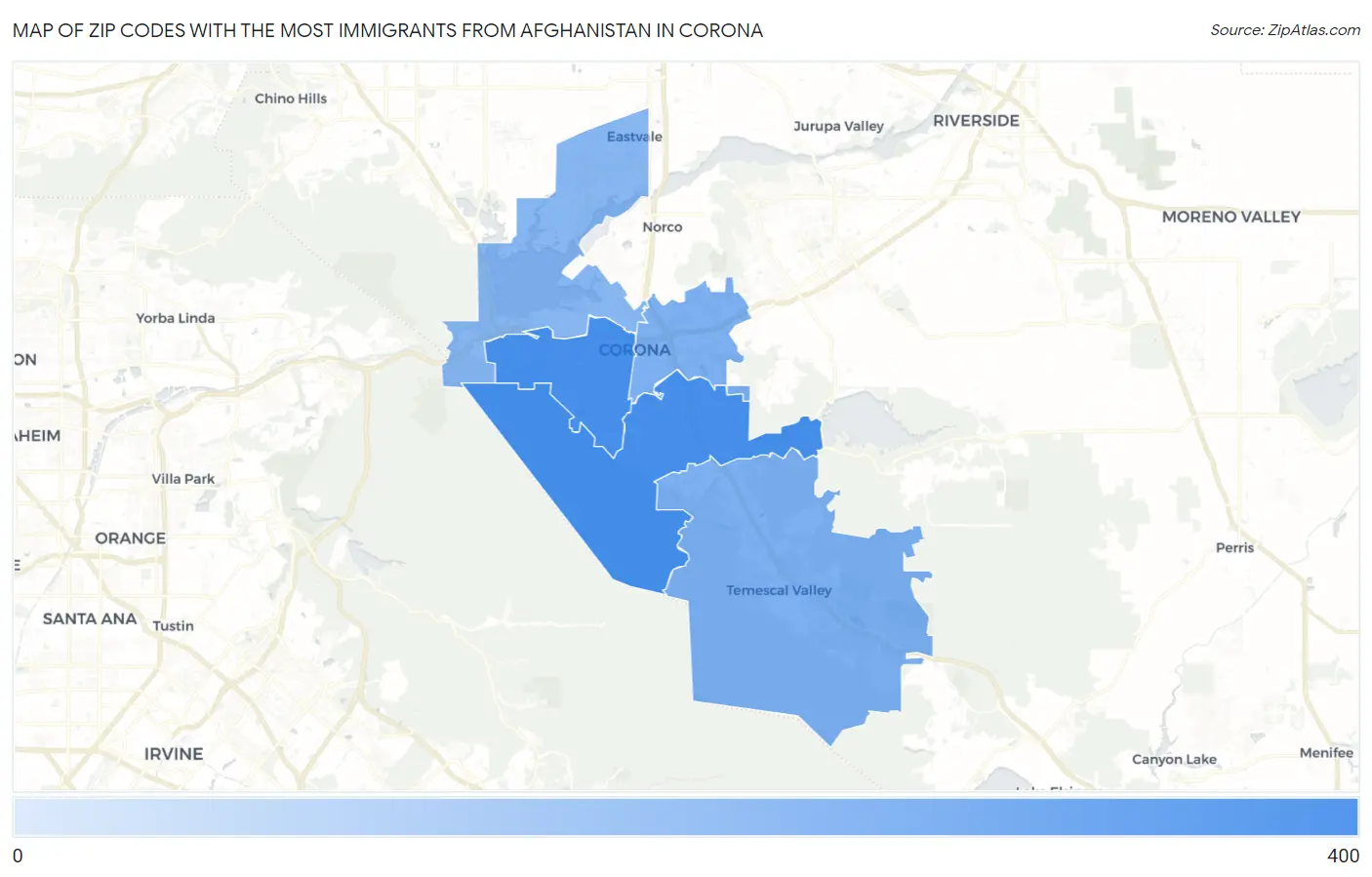 Zip Codes with the Most Immigrants from Afghanistan in Corona Map