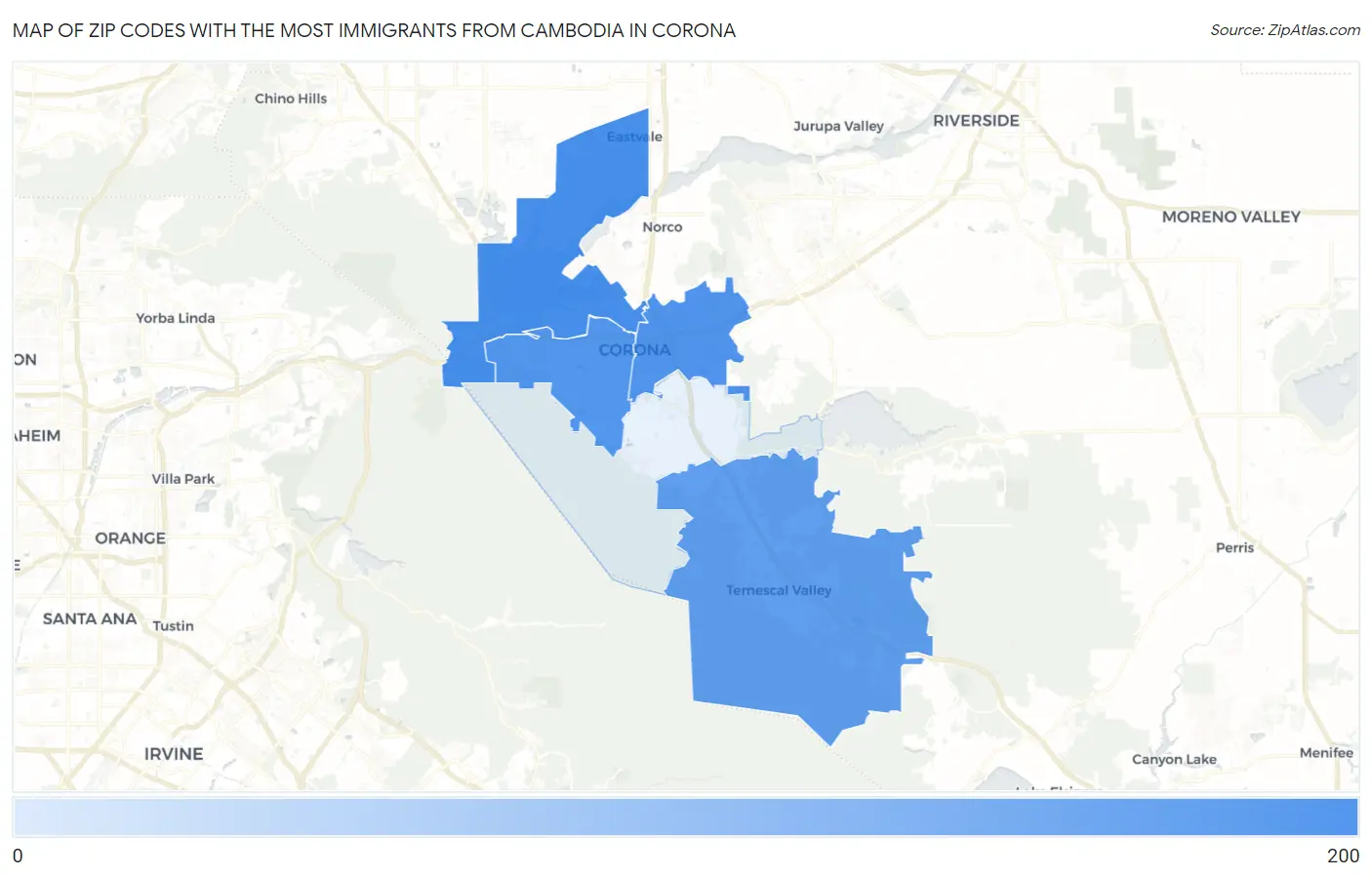 Zip Codes with the Most Immigrants from Cambodia in Corona Map