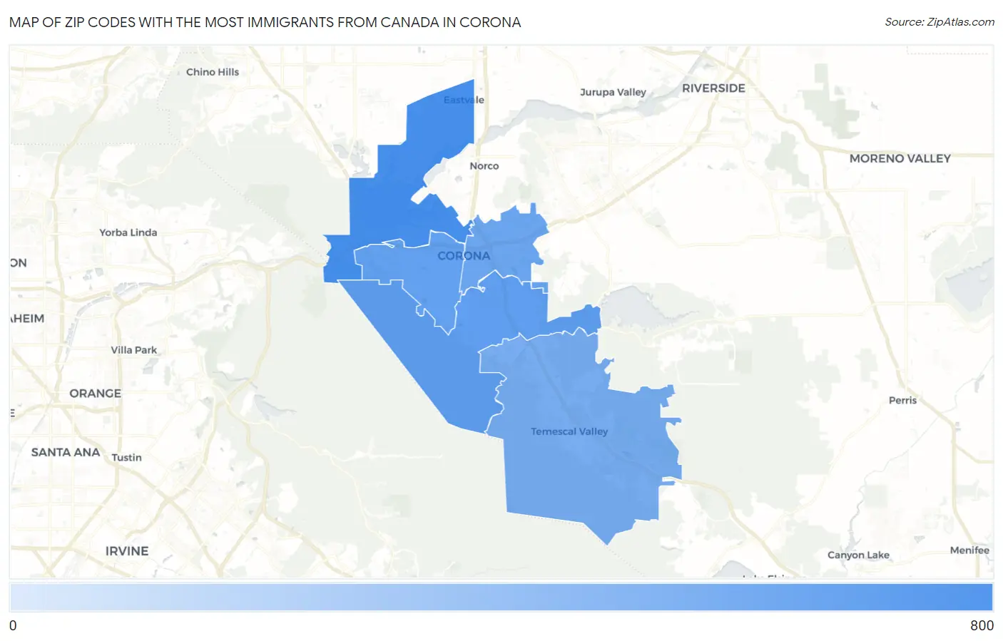 Zip Codes with the Most Immigrants from Canada in Corona Map