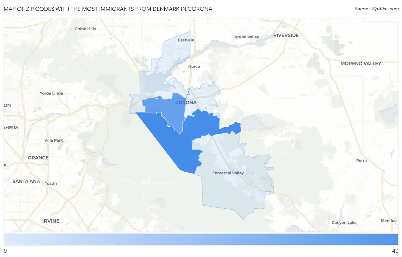 Zip Codes with the Most Immigrants from Denmark in Corona Map