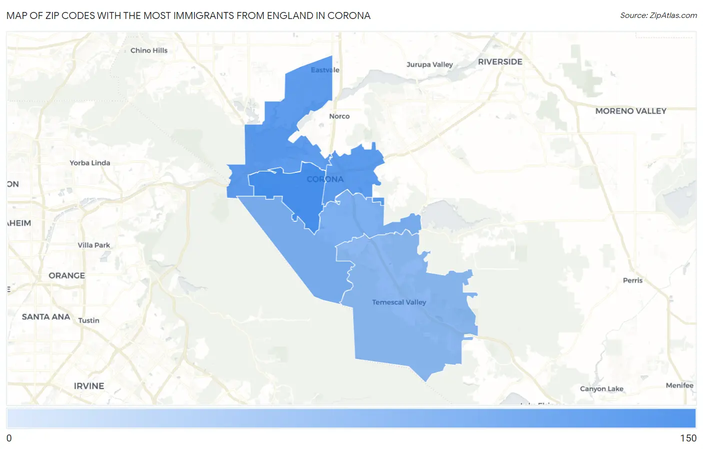 Zip Codes with the Most Immigrants from England in Corona Map