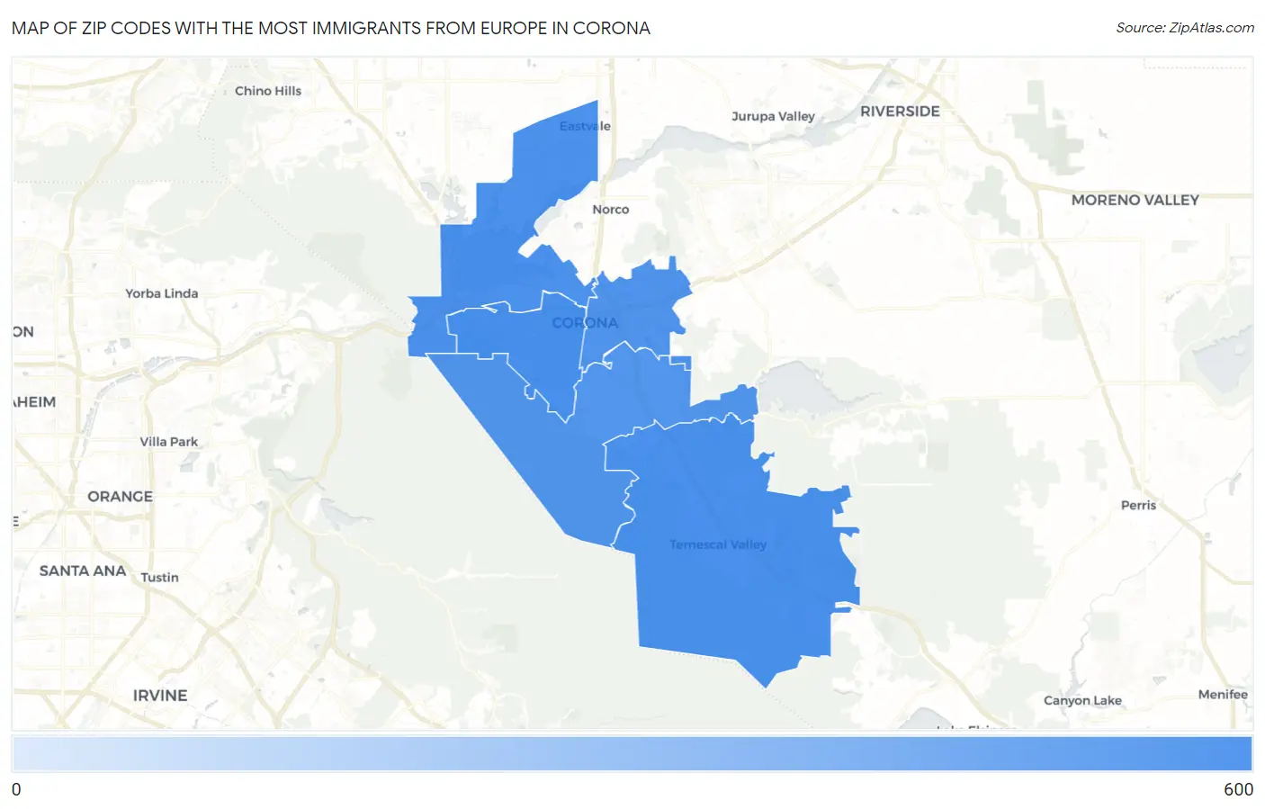 Zip Codes with the Most Immigrants from Europe in Corona Map