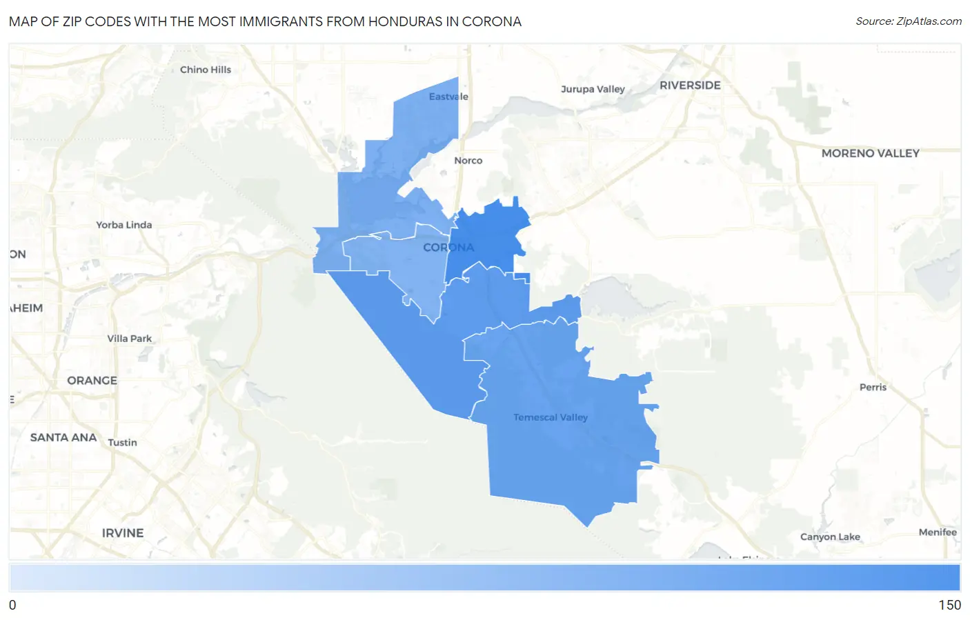 Zip Codes with the Most Immigrants from Honduras in Corona Map
