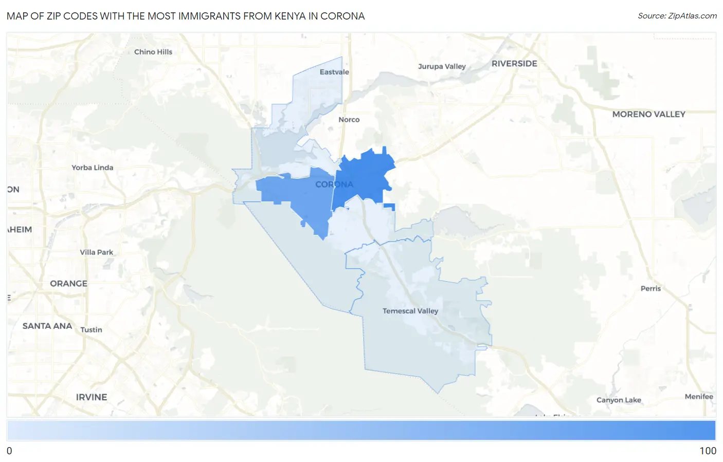 Zip Codes with the Most Immigrants from Kenya in Corona Map