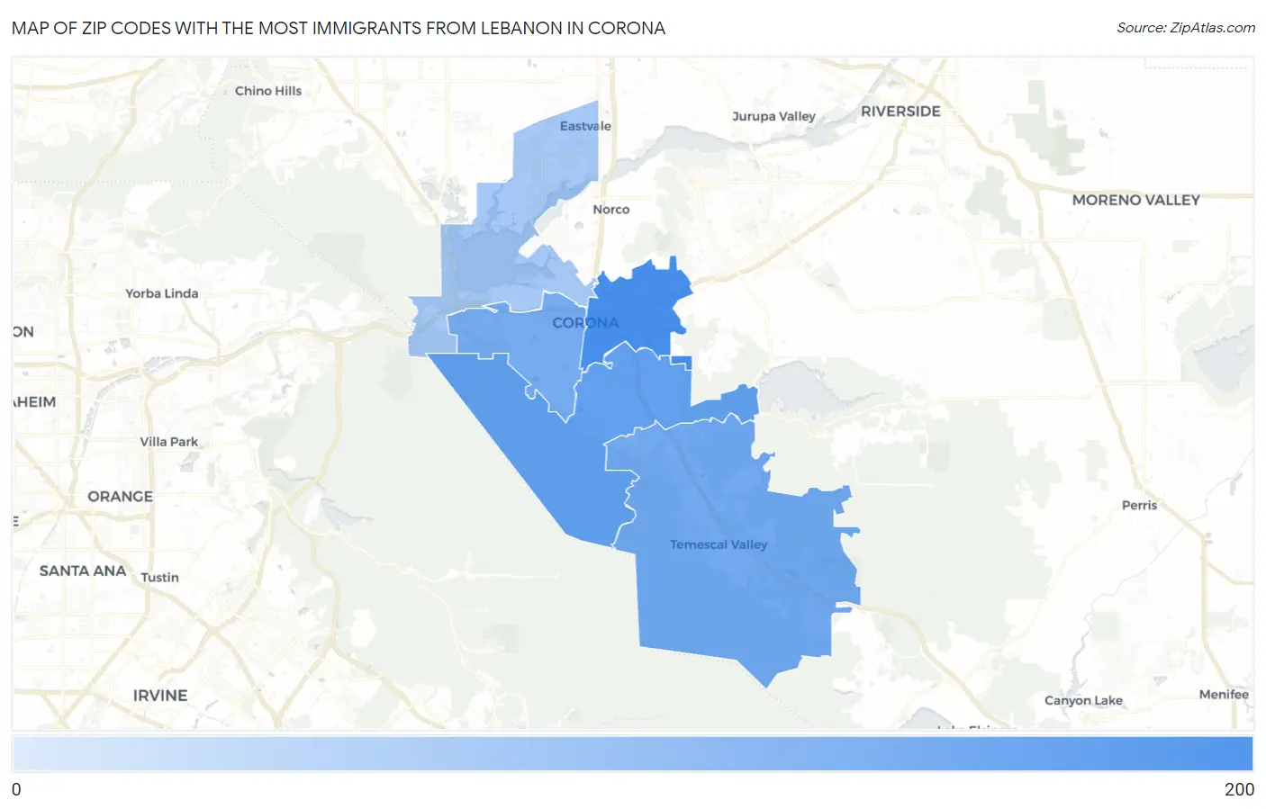 Zip Codes with the Most Immigrants from Lebanon in Corona Map
