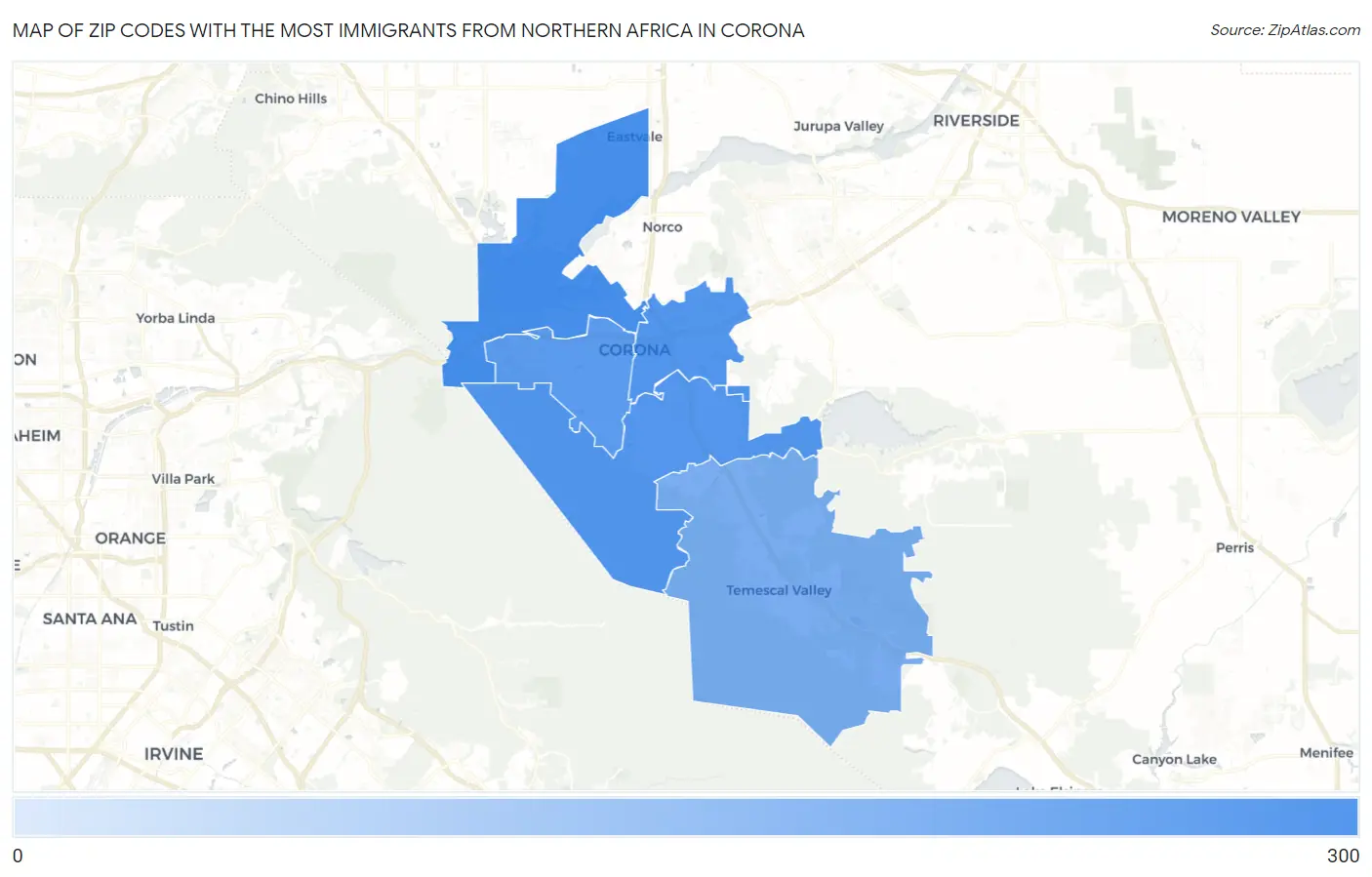 Zip Codes with the Most Immigrants from Northern Africa in Corona Map