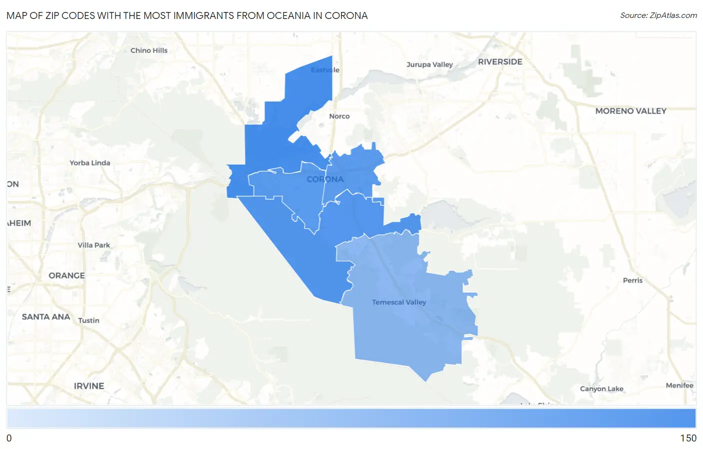 Zip Codes with the Most Immigrants from Oceania in Corona Map