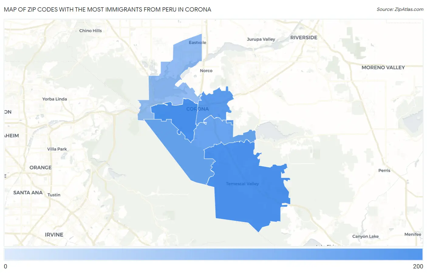 Zip Codes with the Most Immigrants from Peru in Corona Map