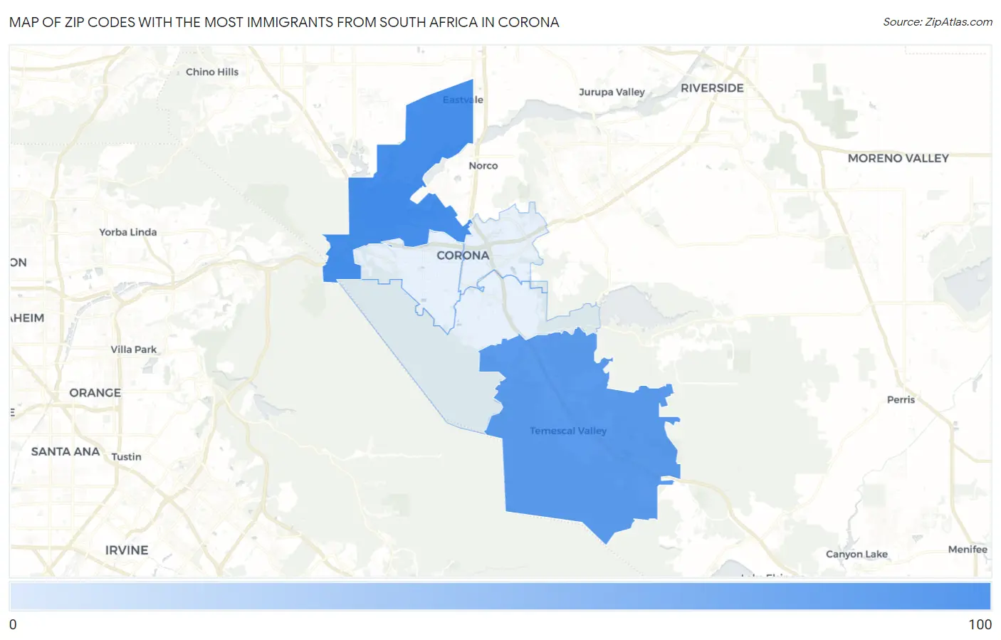 Zip Codes with the Most Immigrants from South Africa in Corona Map