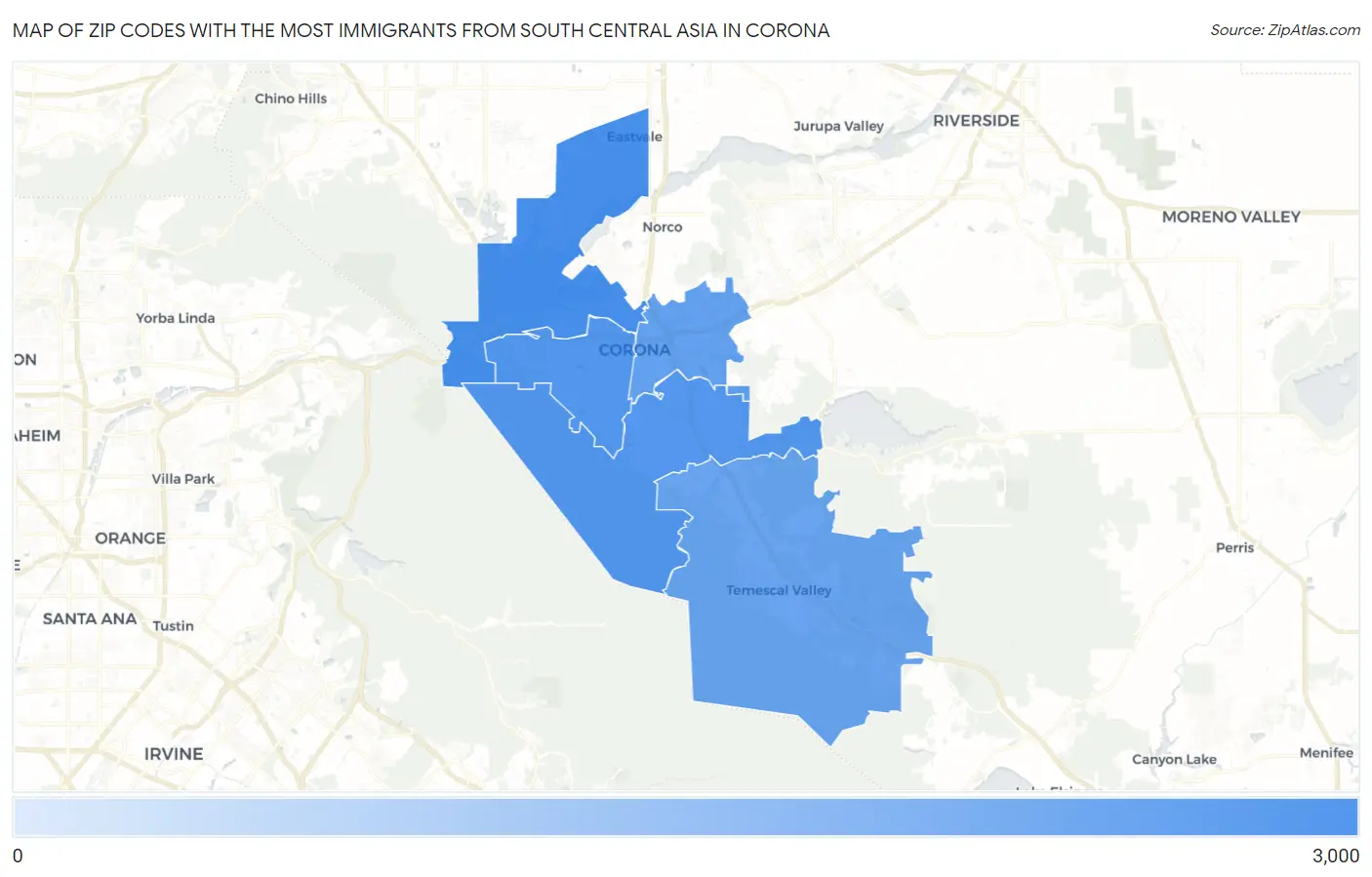 Zip Codes with the Most Immigrants from South Central Asia in Corona Map