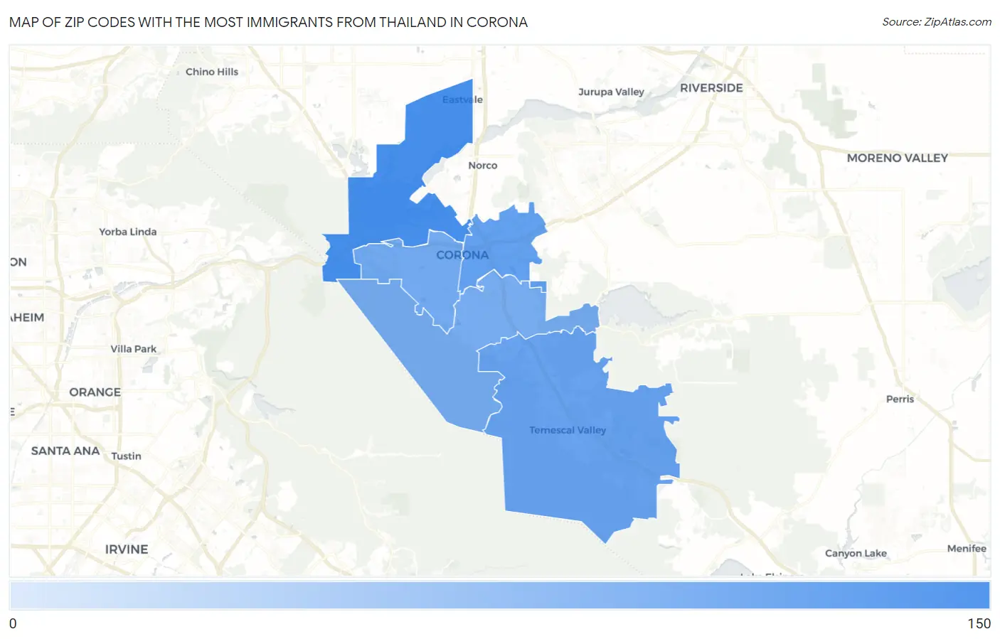 Zip Codes with the Most Immigrants from Thailand in Corona Map