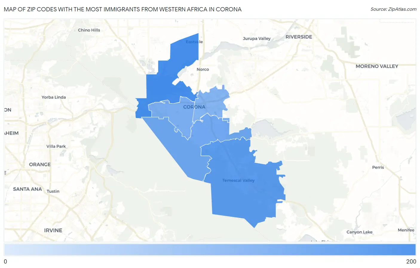 Zip Codes with the Most Immigrants from Western Africa in Corona Map