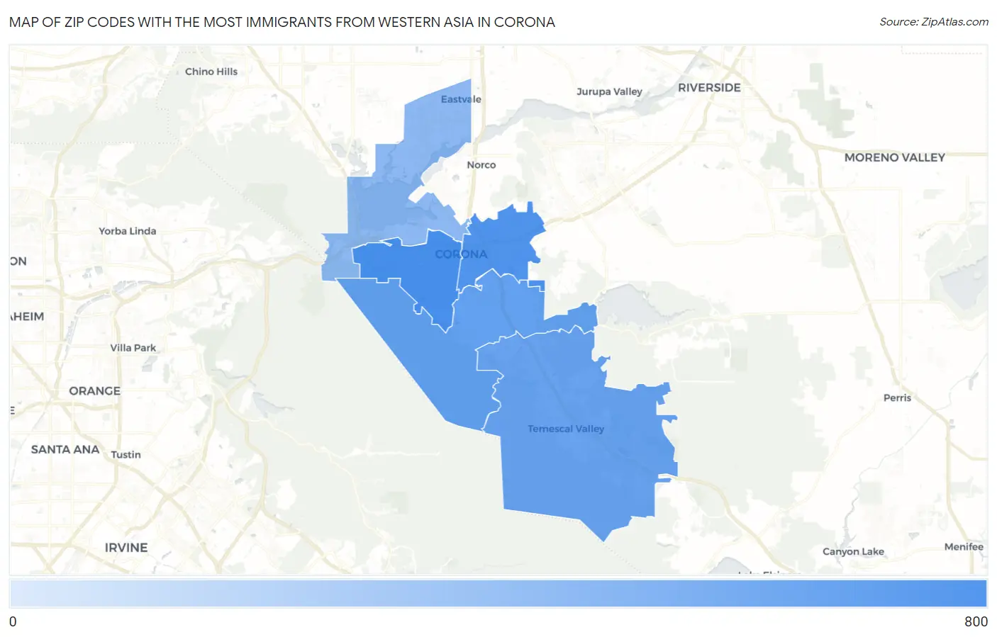 Zip Codes with the Most Immigrants from Western Asia in Corona Map