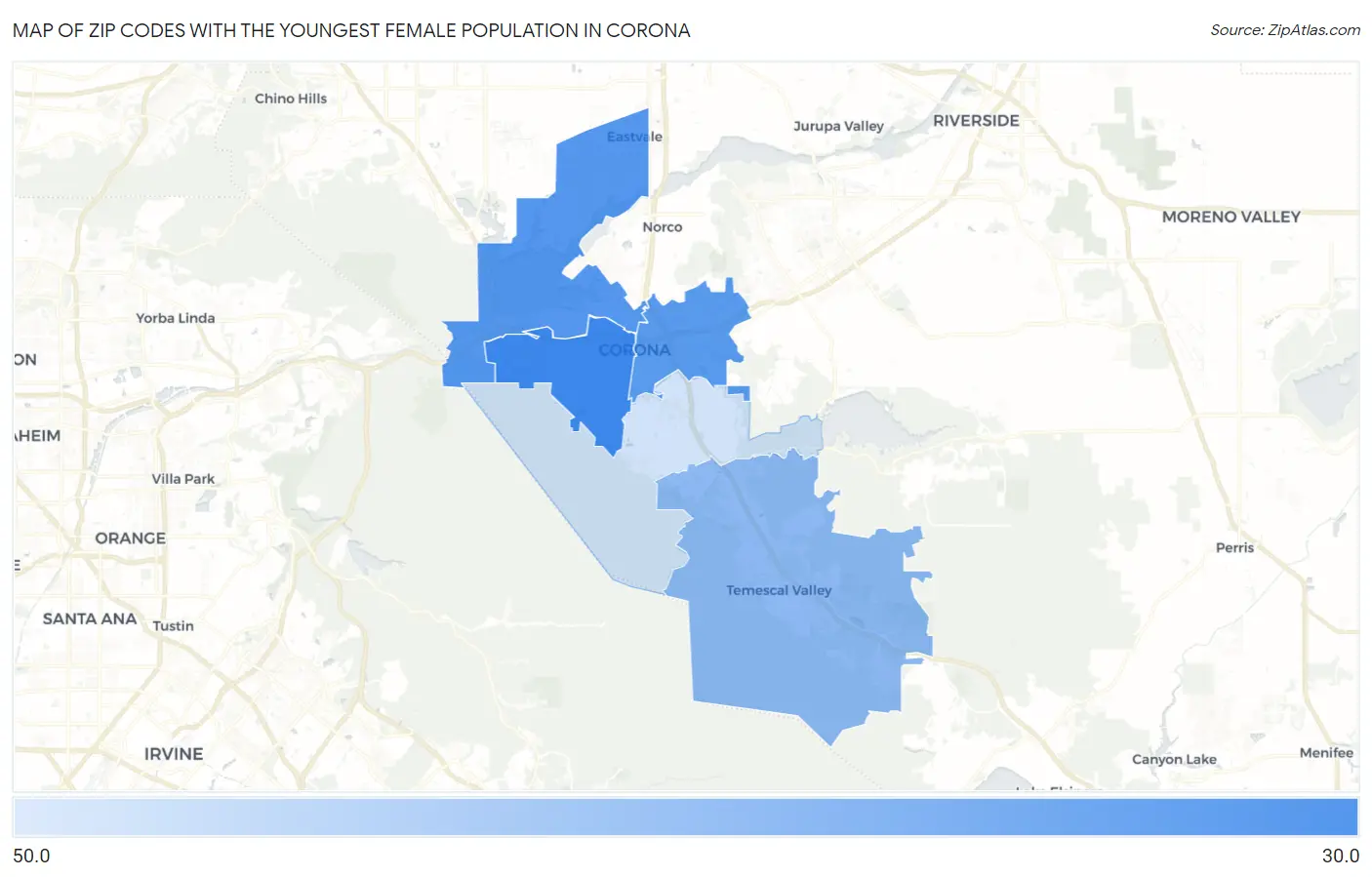 Zip Codes with the Youngest Female Population in Corona Map